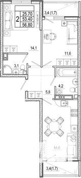 2-к квартира, вторичка, 57м2, 4/17 этаж