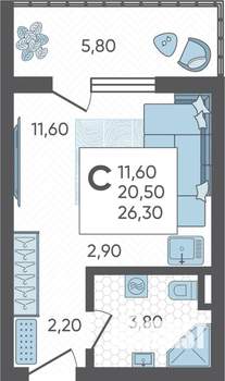 Студия квартира, строящийся дом, 26м2, 2/16 этаж