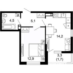1-к квартира, вторичка, 38м2, 3/17 этаж