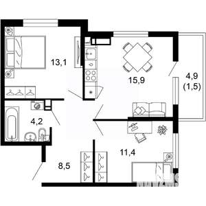2-к квартира, вторичка, 55м2, 7/17 этаж
