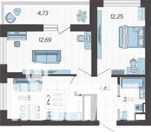 2-к квартира, строящийся дом, 50м2, 7/19 этаж