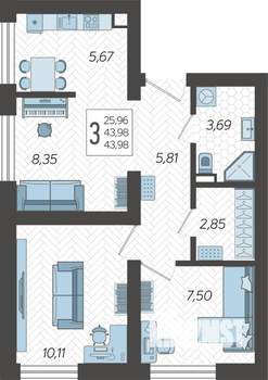 3-к квартира, строящийся дом, 44м2, 2/19 этаж