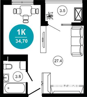 1-к квартира, строящийся дом, 35м2, 9/10 этаж