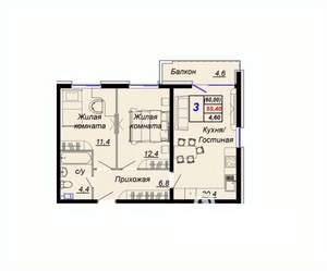 2-к квартира, вторичка, 60м2, 3/16 этаж